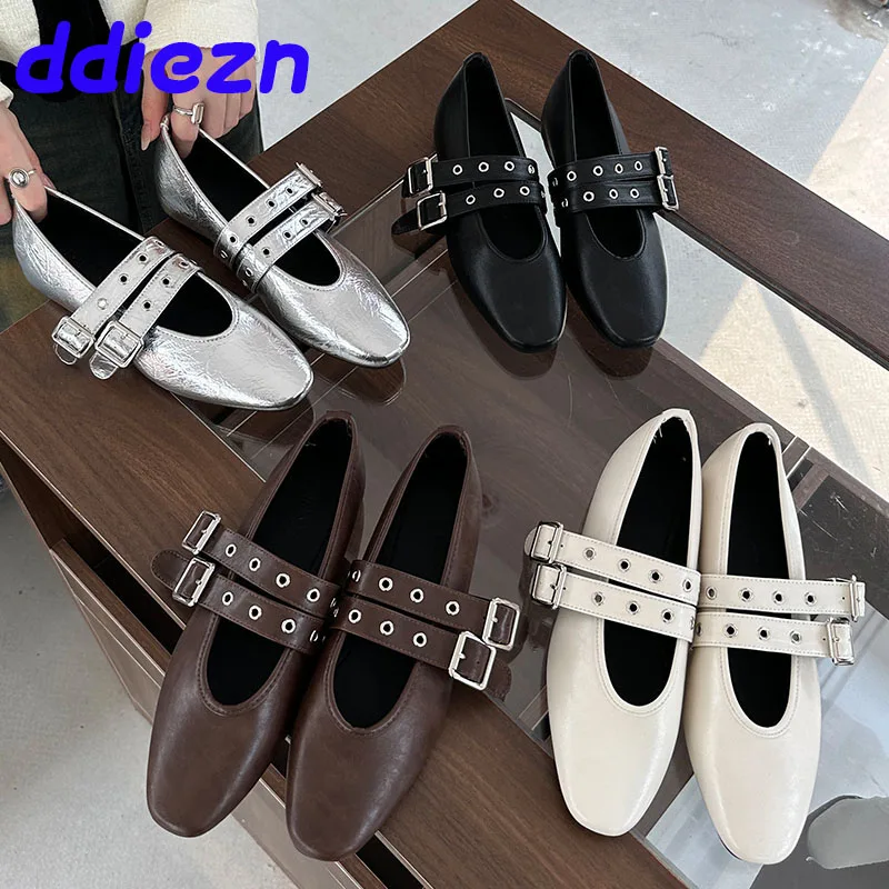 Luxury Fashion Buckle Strap Women Flats Mary Janes Shoes Round Toe Female Footwear Shallow Ladies Ballet Flats Shoes 2