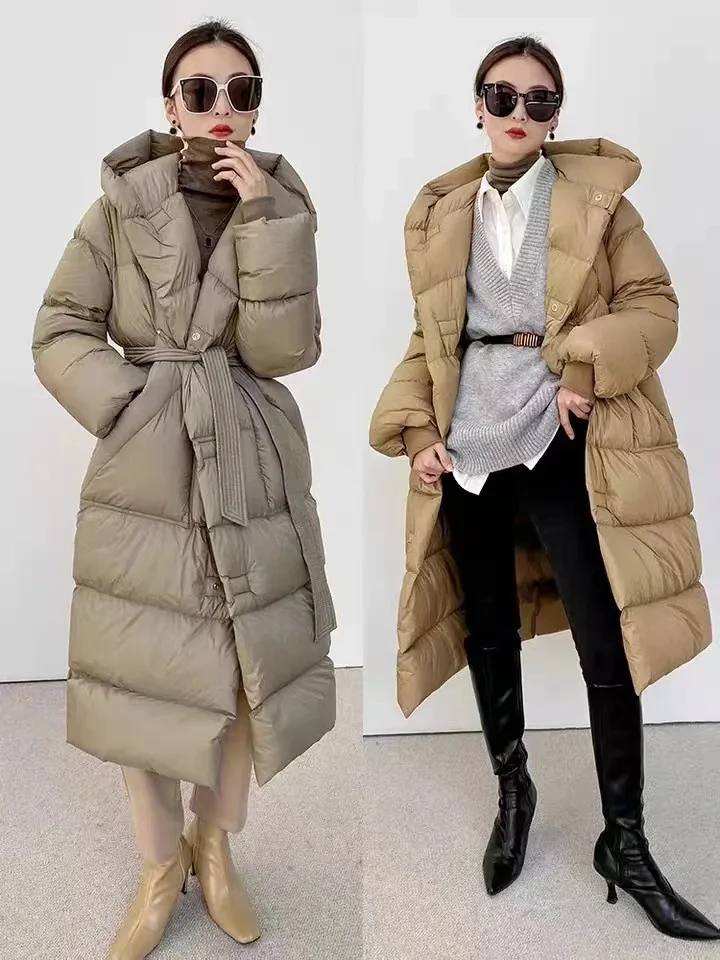 

Длинный пуховик с капюшоном, зимнее пальто, женское 90% пуховое пальто на белом утином пуху с поясом, высококлассная уличная одежда, нишевая свободная пуховая куртка
