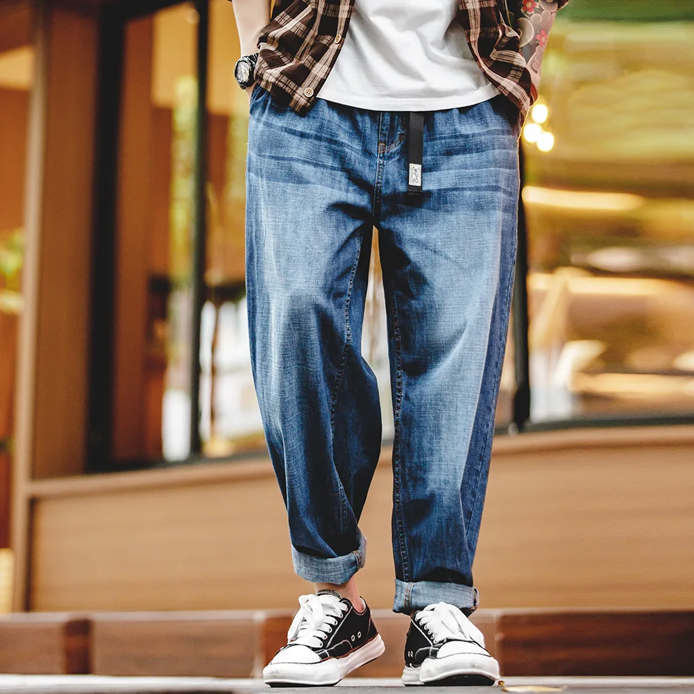 Maden Casual 7.8oz Washed Jeans for Men Baggy Wide Leg Straight Strech Denim Pants Uncle Fu Vintage Elastic Waist Cowboy Trouser