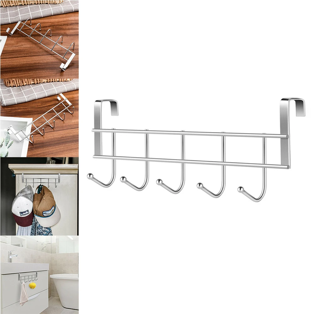 Storage Hook Door Hook 1pc Stainless Steel Hook Rack 5 Hooks Door Behind Hook Smooth For Hats Purses Belts Scarves Keys Kitchen Bathroom Organizer