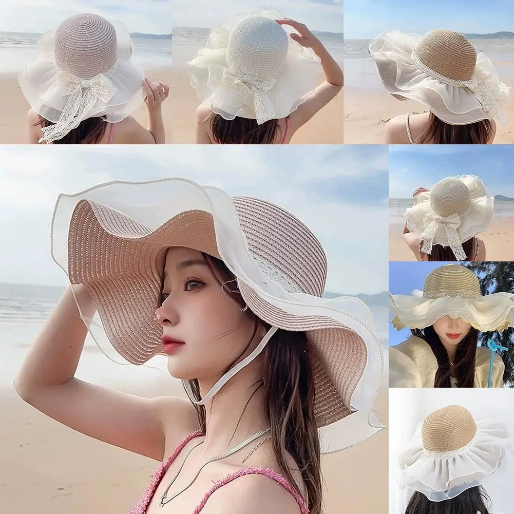 Baby Girl Sun Hat Strap Breathable Cotton-Linen Wide Brim Beach Hat Lace Bow Ruffle Trim Summer Outdoor