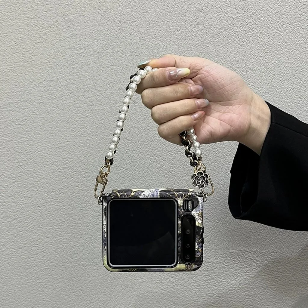 Transparent Pink Butterfly Flower Phone Case with Pearl Bracelet Chain and Hard Lens Protection Cover