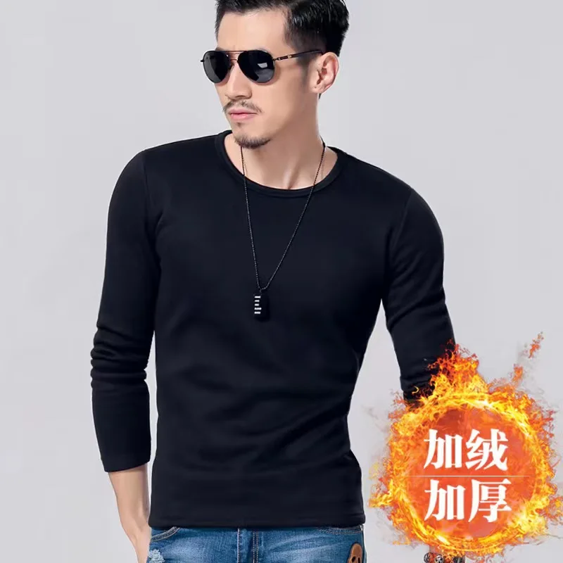 

Winter Men Thermal Underwear Tops Casual Solid Color Fleece Thickened T-Shirt Sliming Wram Home Pajamas Long Sleeve Base Tee