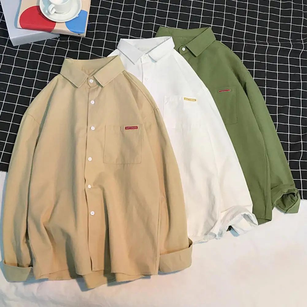 

Fall Spring Men Shirt Turn-down Collar Single-breasted Loose Cardigan Shirt Long Sleeve Solid Color Casual Men Lapel Daily Top