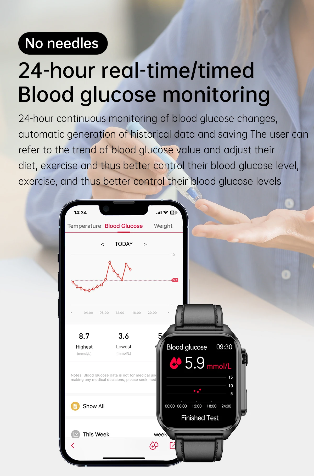 남성 스마트 워치 고지혈증 온도 모니터링 시계, IP68 방수 ECG 및 PPG 혈당 측정기, 여성 3 종, 2023 신제품