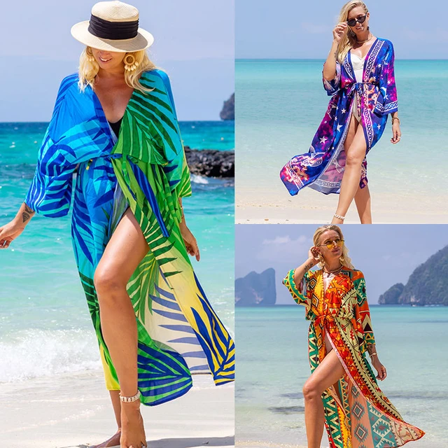 Swimsuit Cover Up Printed Kimono Sea Boho Coverup Bikini Summer Long Beach  Outings Belted Swimwear Cape Holiday Bathing Suits - Cover-ups - AliExpress