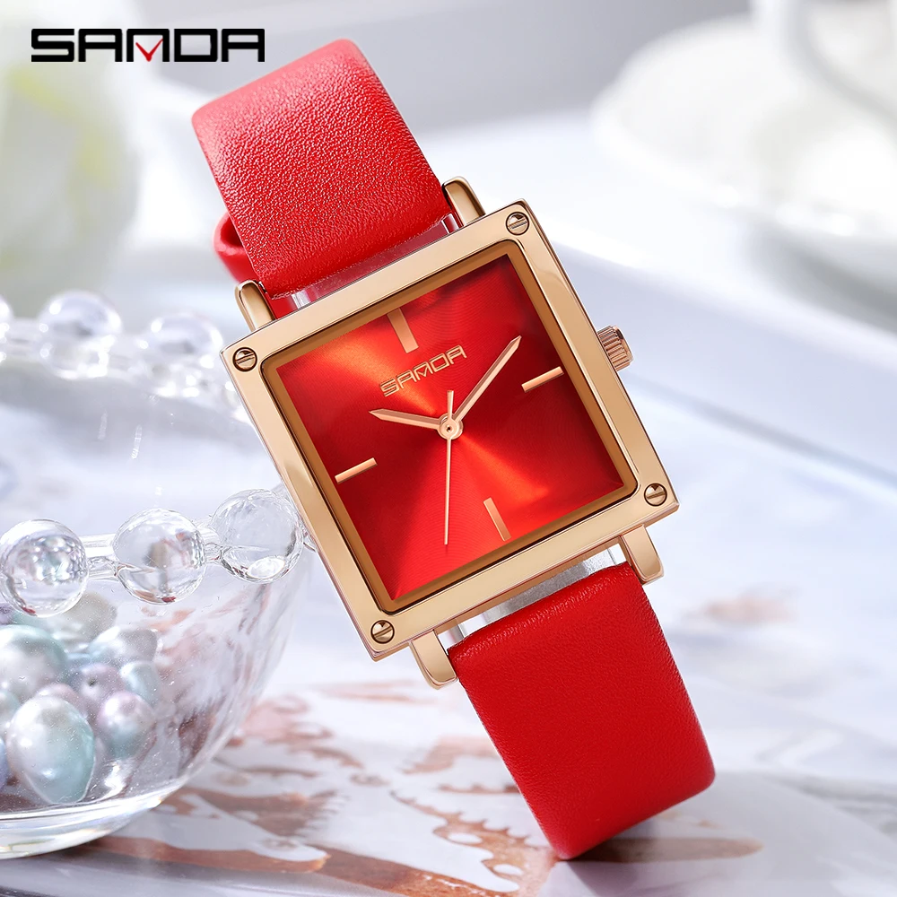 SANDA Women Square Sport Watches Fashion Leather Strap Analog Quartz Wristwatch Big Dial Vintage Elegant Ladies Watch Reloj Muje
