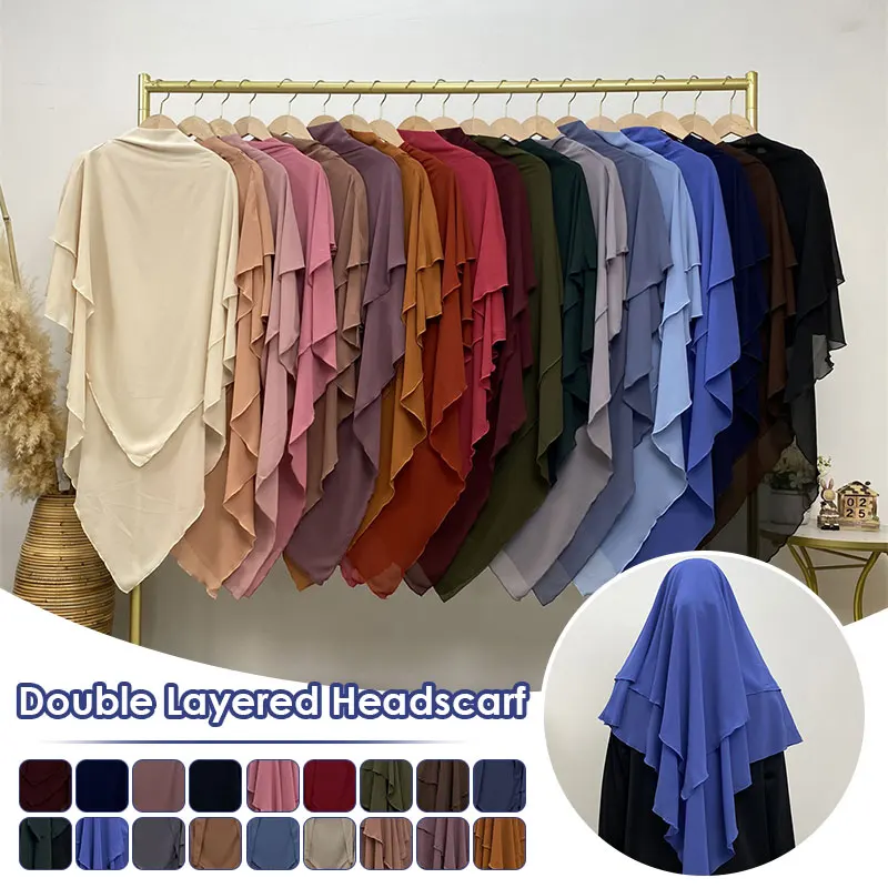 Muslim Women Two Layer Hijab Scarf Shawl Wrap Ramadan Chiffon Headscarf Middle East Dubai Turkey Solid Color Abaya Headscarf