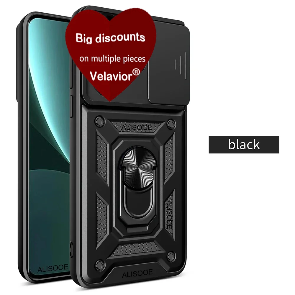 Durable Phone Case with Slide Lens Cover, Rotating Ring, and Shockproof Stand Holder