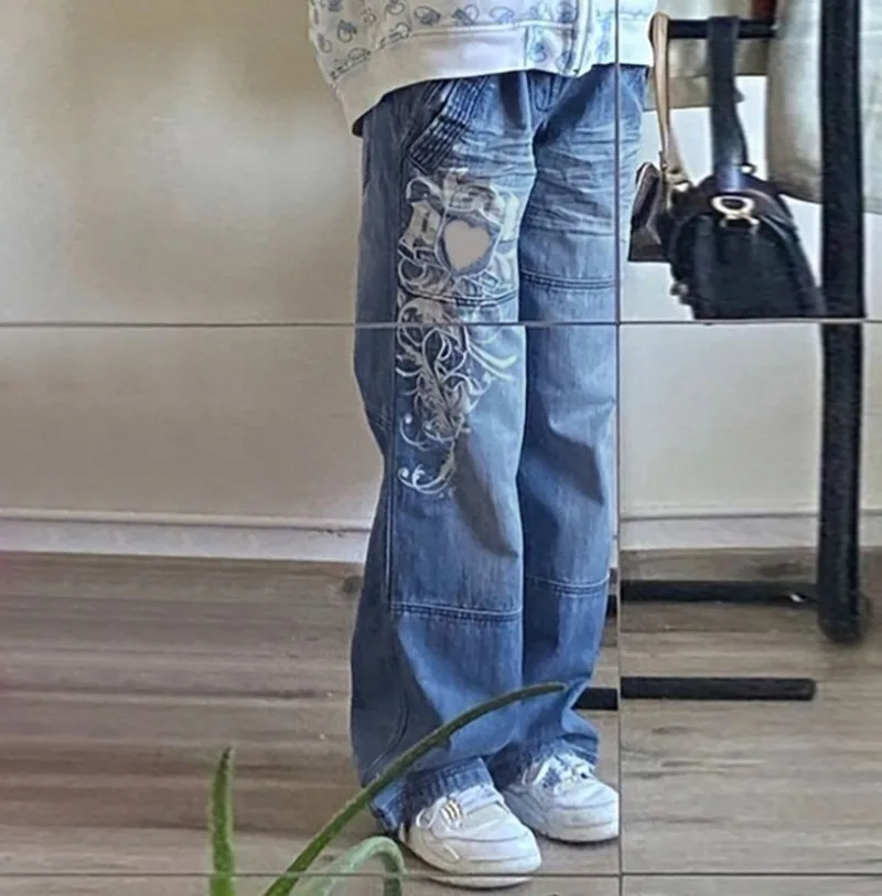 Harajuku Printed Cargo Jeans High Waist Streetwear 90S Jeans Women Pants Baggy Straight Wide Leg Y2k Pants Korean Clothes Kpop