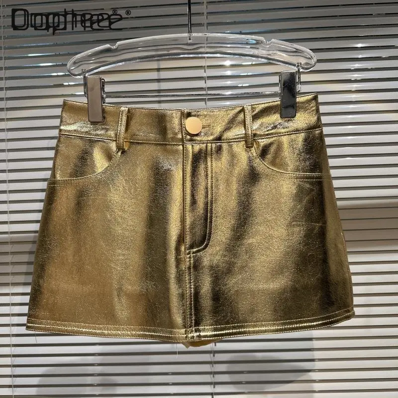 

Spring New Style High Street Hot Girl Retro Golden PU Leather Shiny Patent Leather Hip Skirt Women Casual Short Skirt for Ladies