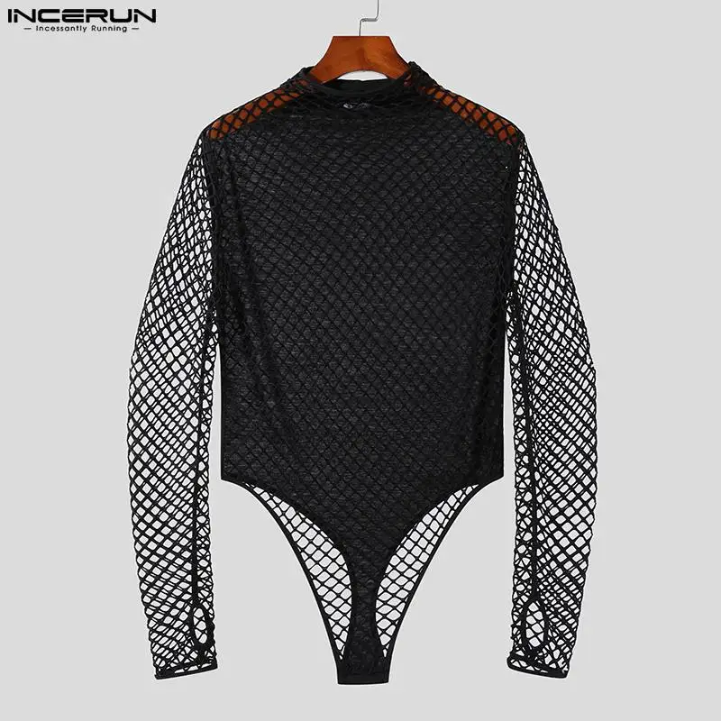 INCERUN 2023 Sexy Men's Homewear Bodysuits Half High Neck See-through Mesh Rompers Casual Male Thimble Long Sleeve Rompers S-5XL
