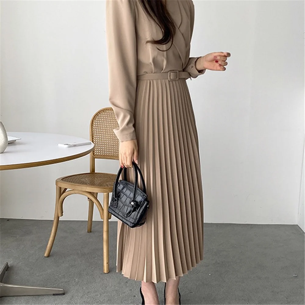 S1014db67c21f4fe29b07d3a4d5b9a70dO - Spring / Autumn Shawl Collar Long Sleeves Pleated Midi Dress with Belt