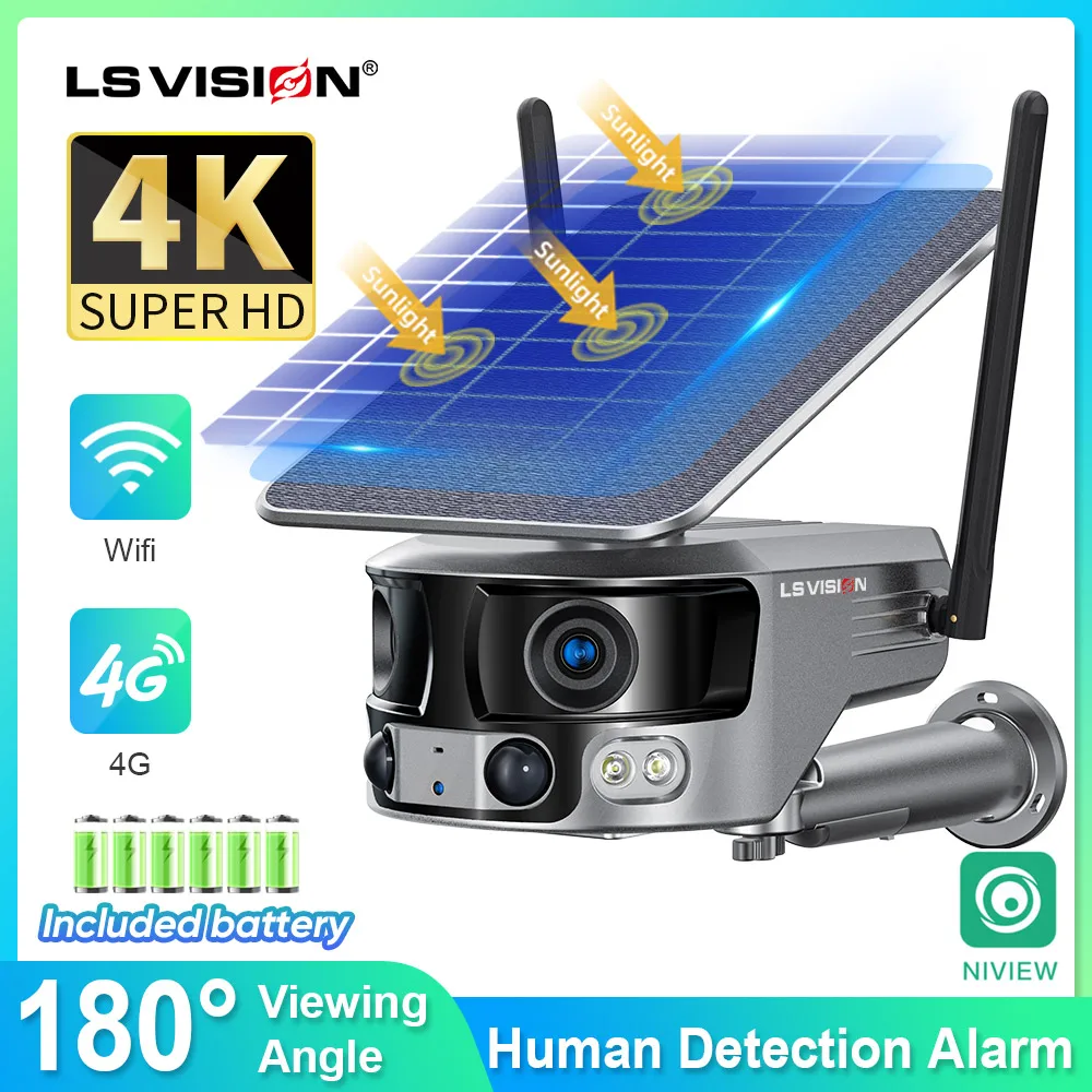 LS VISION 4K 8MP Solar Camera Dual Lens 4G Outdoor WIFI Webam 180° Ultra Wide View PIR Human Detection Security Camera 4X Zoom 4g 4k 8mp 180 ultra wide view angle 4g solar security camera outdoor wifi 4x zoom dual lens pir human detection cctv camera