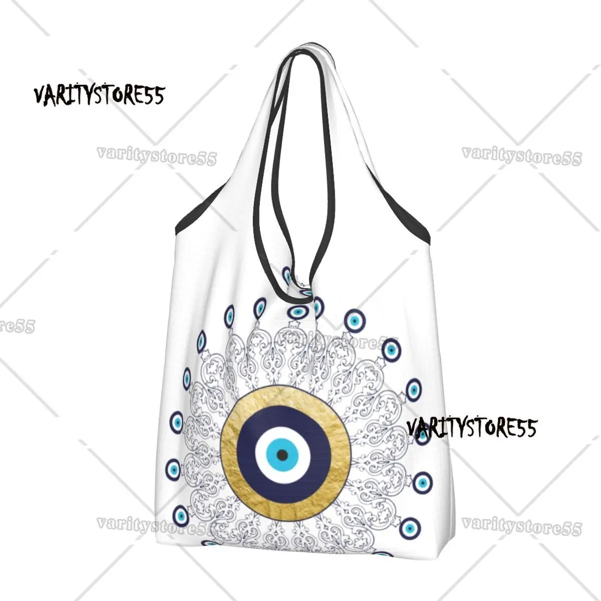 

Cute Evil Eye Mandala In Gold And Blue Shopping Tote Bag Portable Lucky Charm Amulet Grocery Shopper Shoulder Bag