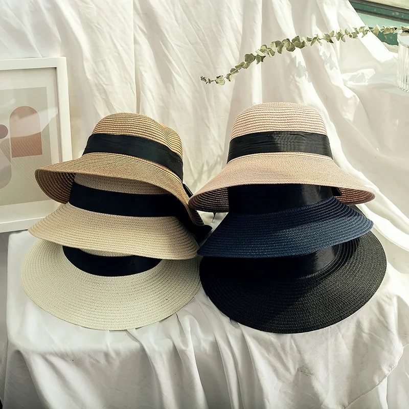 Ribbon Bowknot Women Straw Hat Summer Outdoor Beach Vacation Sunscreen Foldable Beach Hats Female Fisherman Cap Lady Sun Visors 2