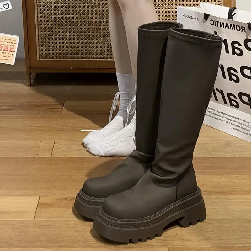 

2023 New Autumn Casual Thick Bottom Brown Slimming Heightened Thick Bottom Rear Zipper Boots Women's High Knight Boots