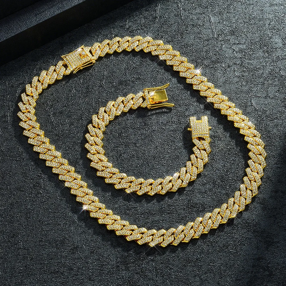 Collana Da Uomo A Catena A Maglia Cubana Hip Hop Placcata Oro CZ Iced