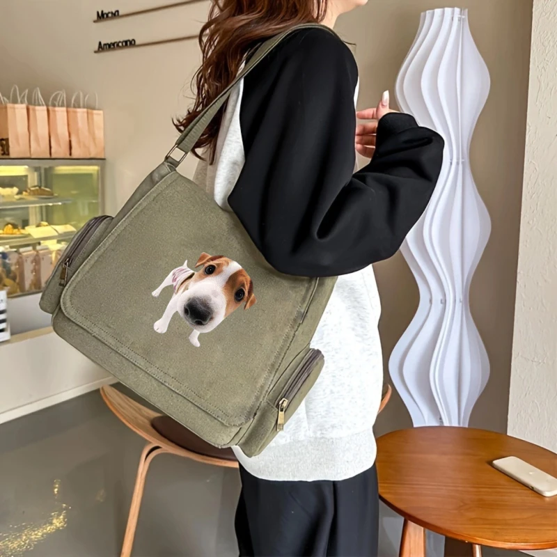 Playful Dog Print Women's Shoulder Bag Army Green Canvas Tote Crossbody Bag Students Book Bag Messenger Bag Unisex Commuting