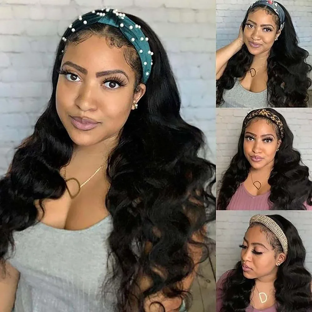 Headband Wig Human Hair Body Wave 16 Inch None Lace Front Wig Wear and Go Wigs for Women 200% Density Wigs Natural Black Color 3