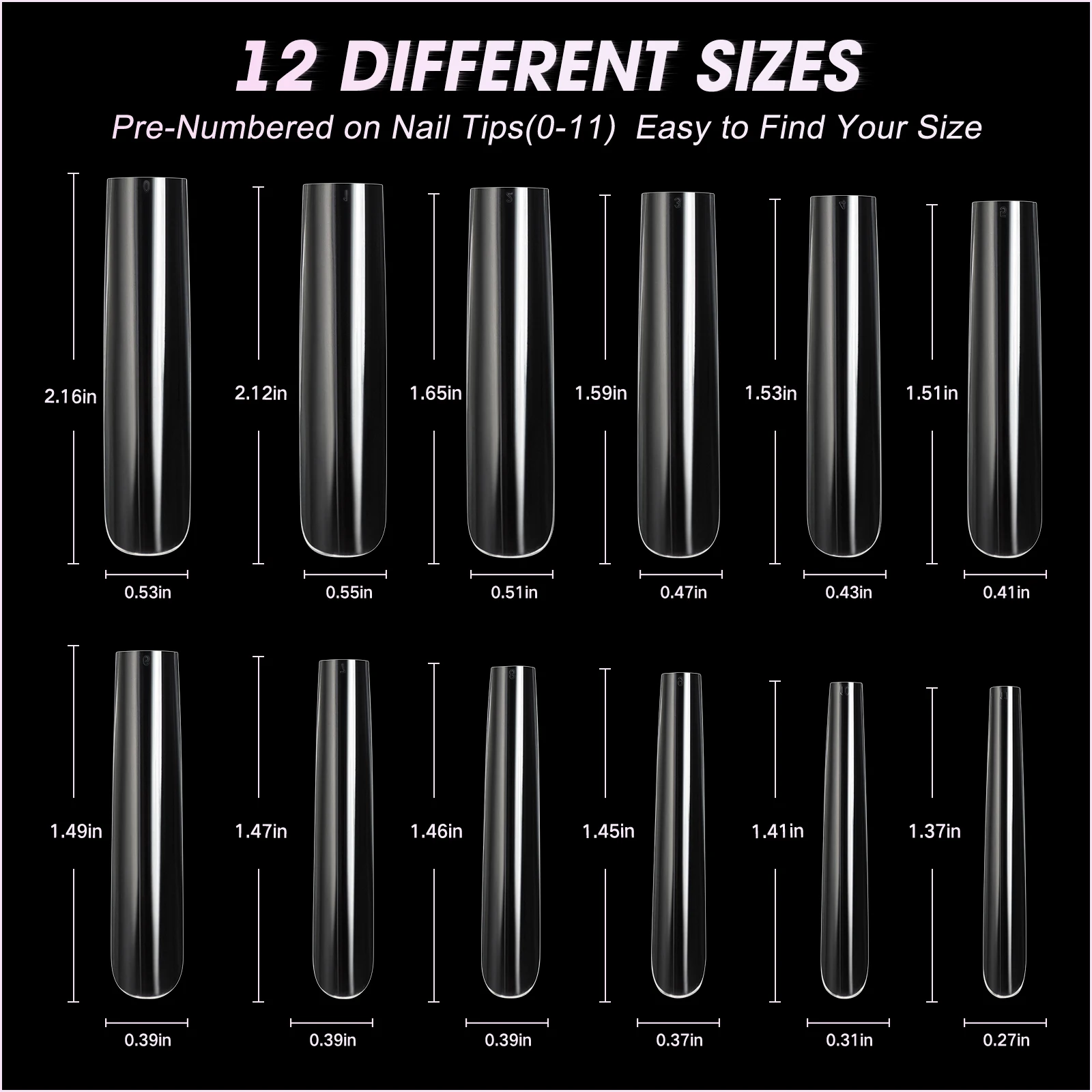 Extra Long Square Full Cover Nail Tips 240PCS Clear Full Cover Fake Nails False Nails 12 Sizes Square Press on Fake Nail Tips