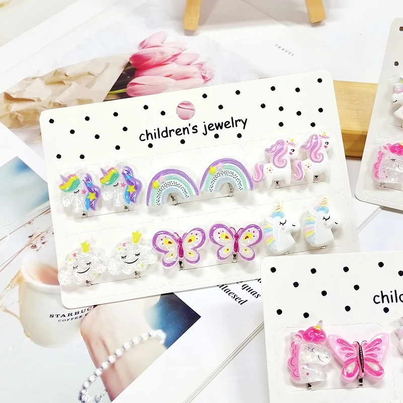Rainbow Unicorn Butterfly Clip on Earrings for Kids