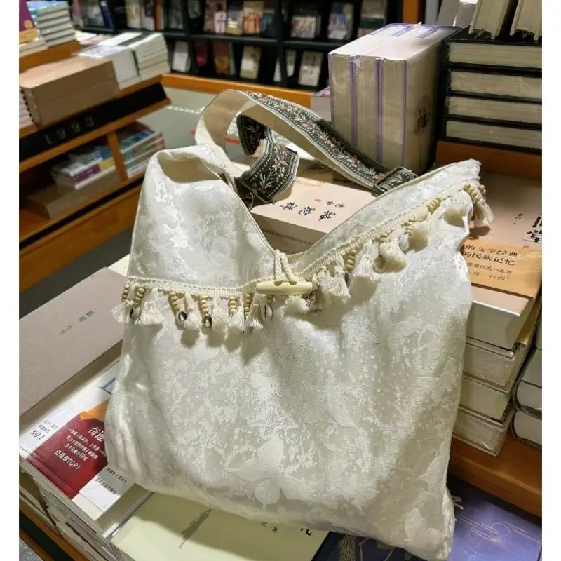 JIAERDI Fairycore Aesthetic Beige Messenger Bag Women Chinese Style Tassel Embroidery Y2k Bags Female Versatile Casual Handbag