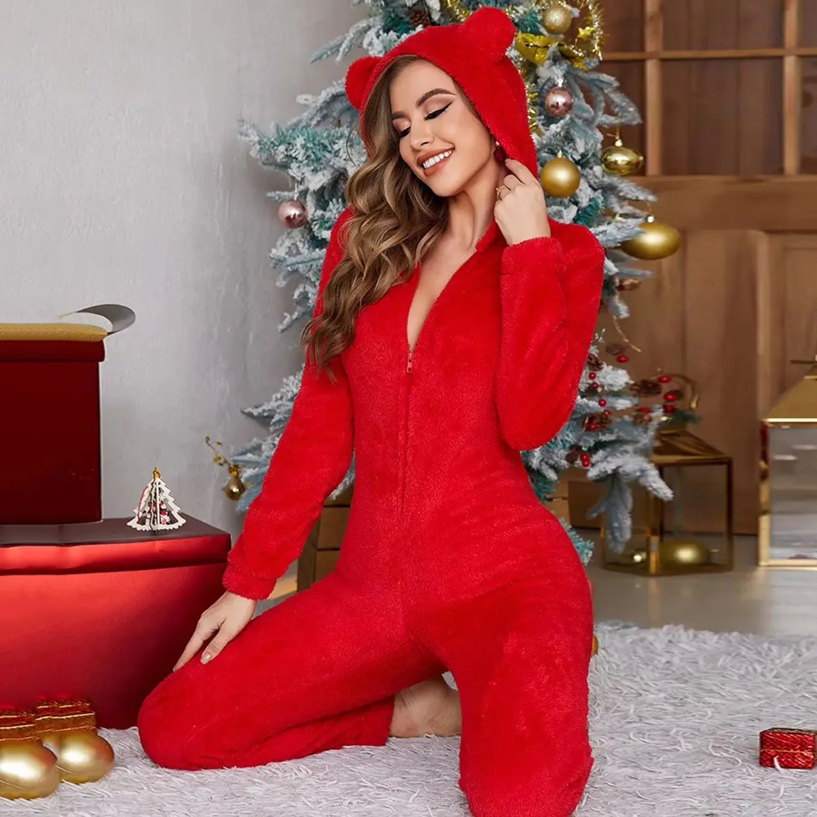 New Year Sleepwear Home Clothes Cat Ear Buttoned Flap Functional Onesies Pyjamas Fluffy Jumpsuit Hooded Playsuit Plus Size S-5XL