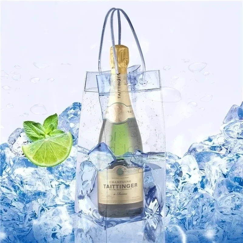 1Pc Pvc Leakproof Ice Bag Friendly Transparent Ice Pack Portable Bucket Wine Champagne Bottle Chiller With Carry Handle