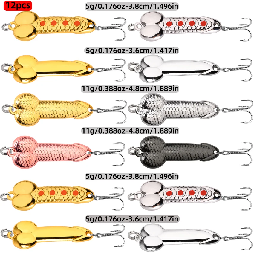 12pcs/lot 5g 7g 10g 15g 20g Silver Gold Multi Fishing Lure Set Imitate Penis VIBE Lures Metal Spoon Lure Kit Fishing Tackle