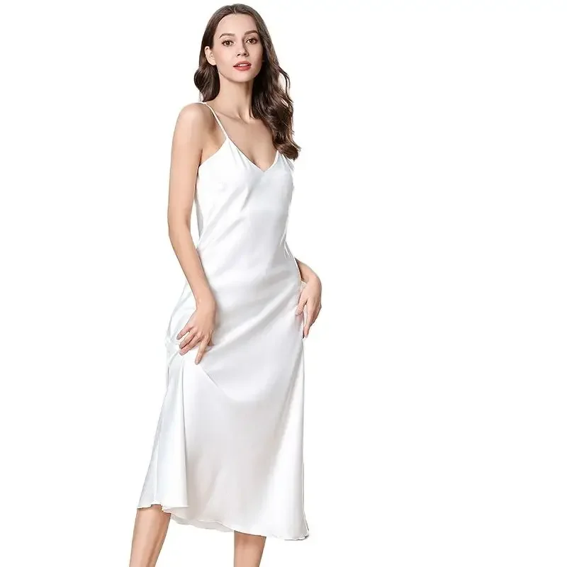 

High Quality Elegant Sleepwear Imitation Silk Nightdress Women'S Summer Slip Dress V-Neck Sexy Long Pajamas