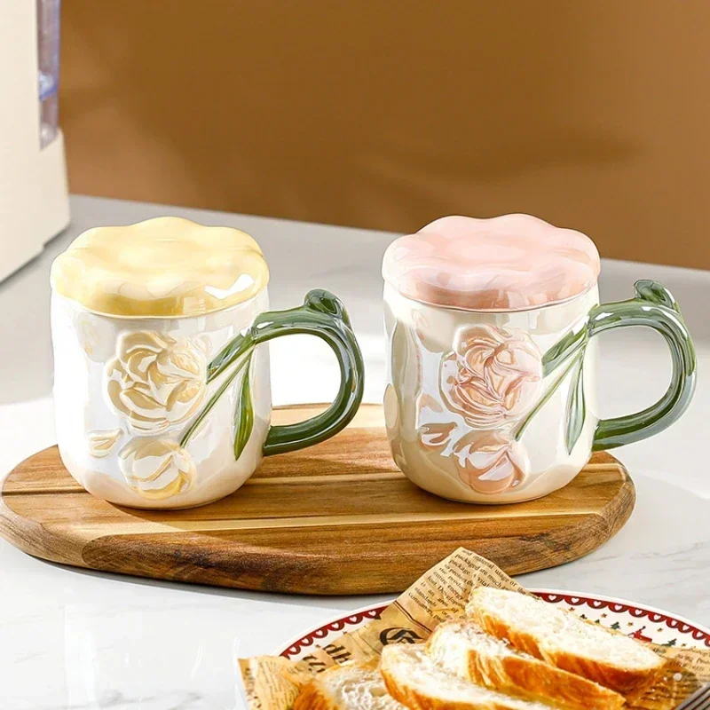 Ceramic Relief Rose Flower Mug for Coffee Tea