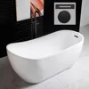 67" Acrylic Freestanding Bathtub Tub with Matte Black Overflow and Drain，Bottom with Stainless Steel Bracket Makes，Soaking Tub 1