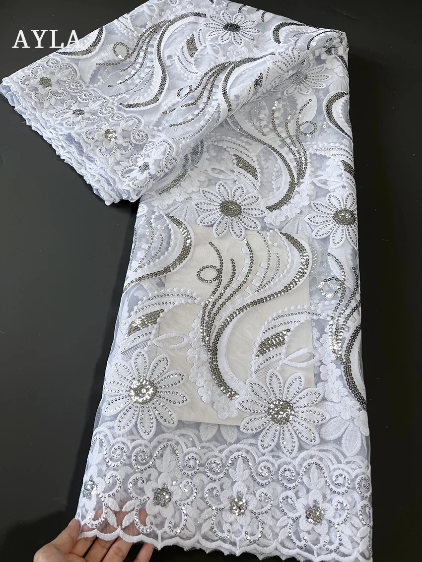 

African Lace Fabric 2022 High Quality Lace Nigerian Pure White Lace Fabric with Sequins Wedding Fabric Material for bridal Dress