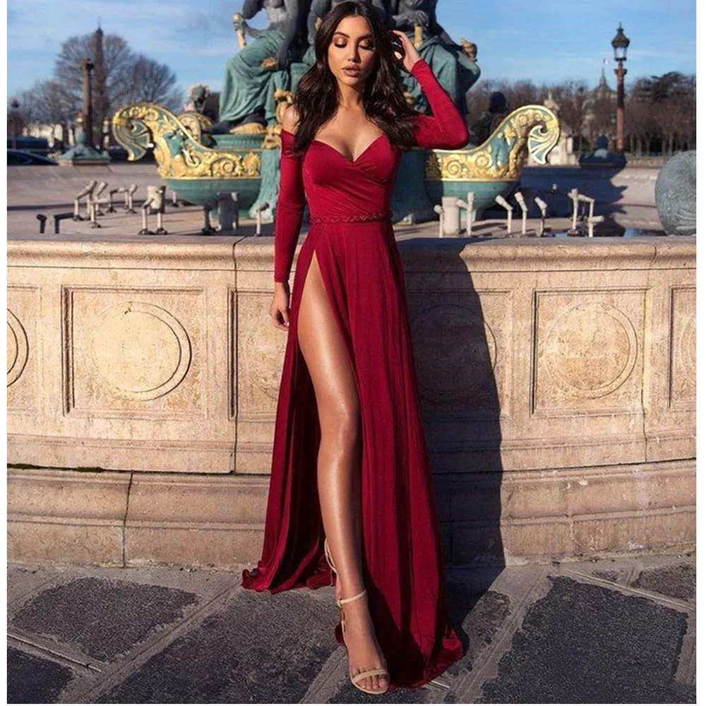 

Red Off Shoulder V-Neck Formal Evening Dresses Front High Split Elegant Prom Party Gowns Dresses 2024 Sweep Train Women Gowns