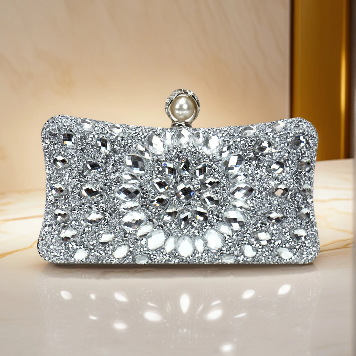 Golden Glitter Evening Bags for Women with Rhinestones and Acrylic Diamonds