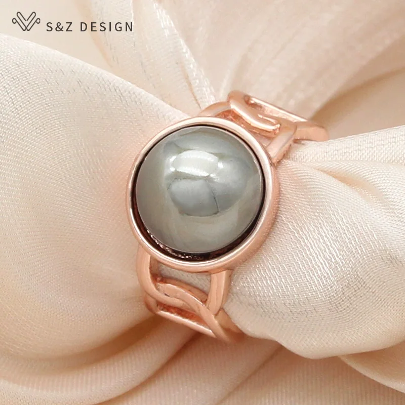 S&Z DESIGN New Fashion 585 Rose Gold Color Round Simulated-pearl Resizable Rings For Women Girl Wedding Party Jewelry Gift