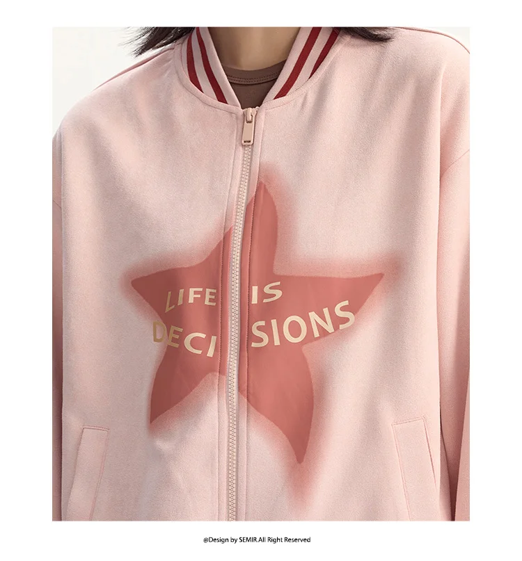 Coat Women Mid-Length Imitation Suede Loose Contrast Color Jacket Autumn Letter American Retro Star Baseball Coat