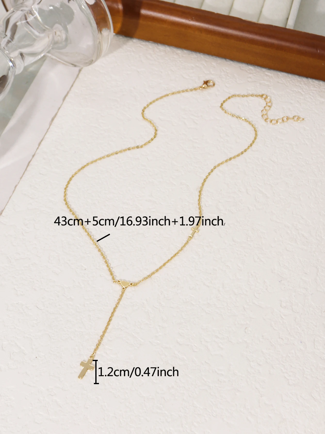 Dainty Gold Y-Shaped Necklace: Minimalist Cross & Heart Pendant Chain, Womens