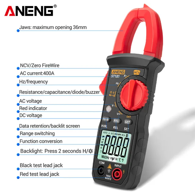 ANENG ST181 Digital Clamp Meter DC/AC Current 4000 Counts Multimeter Ammeter Voltage Tester Car Amp Hz Capacitance NCV Ohm Test 5