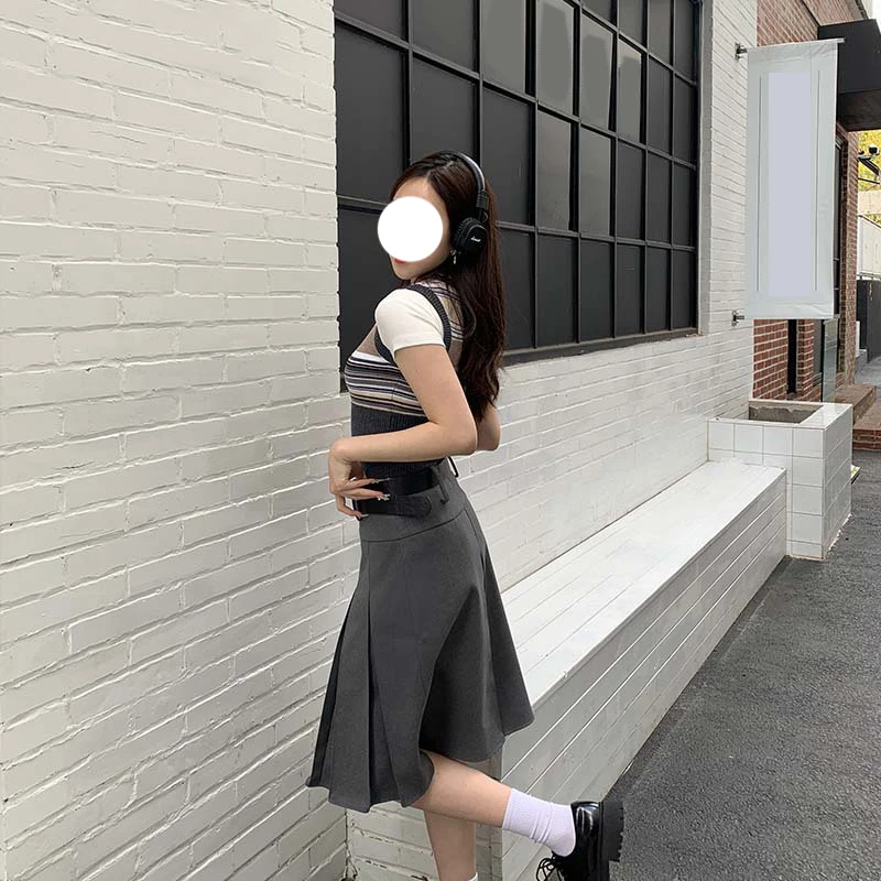 

Black Grey Asymmetrical Casual Fashion Mid Length Korean Fashion Girl y2k Clothes Long A-line Midi Pleated Skirts Women