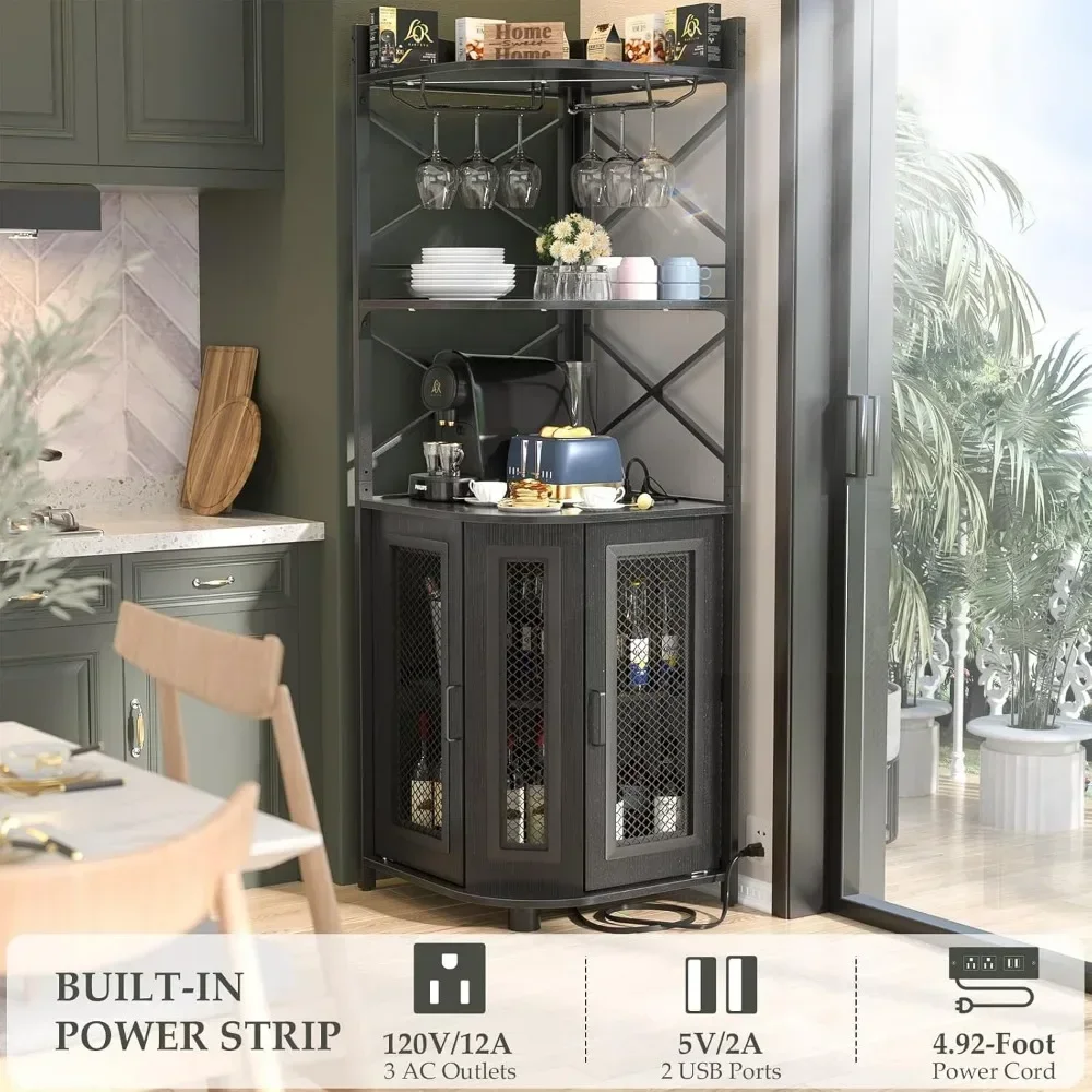 Corner Bar Cabinet with Power Outlet, Industrial Wine Cabinet with LED Strip and Glass Holder, 5-Tiers Liquor Bar