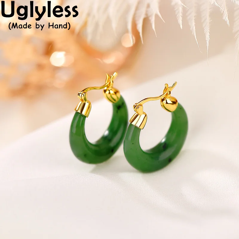 

Uglyless Simple Blank Jade Hoops for Women Minimalism Fashion Earrings Natural Gemstones Earrings Glossy 925 Silver Brincos Gold