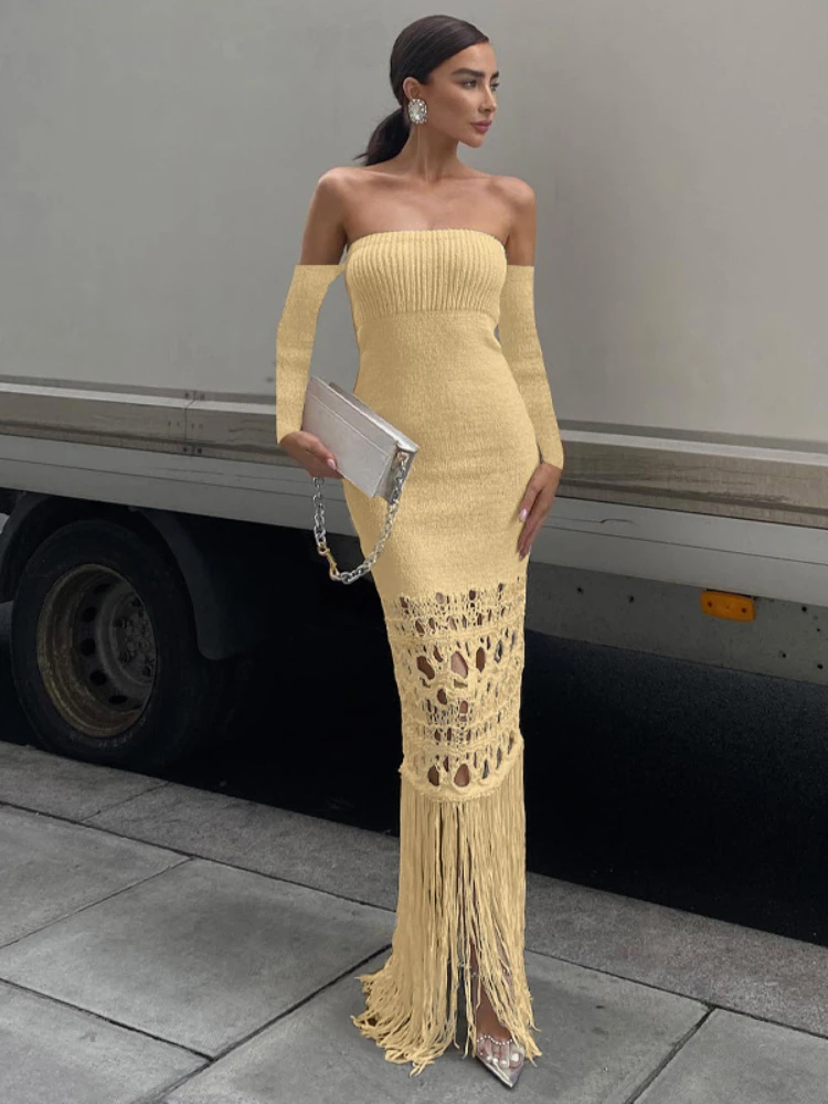 

2023 Spring New Wool Weaving Style Slim Fit Tassel Long Dress Long Sleeve Off Line Collar Shoulder Wrap Chest Dress Party Dress