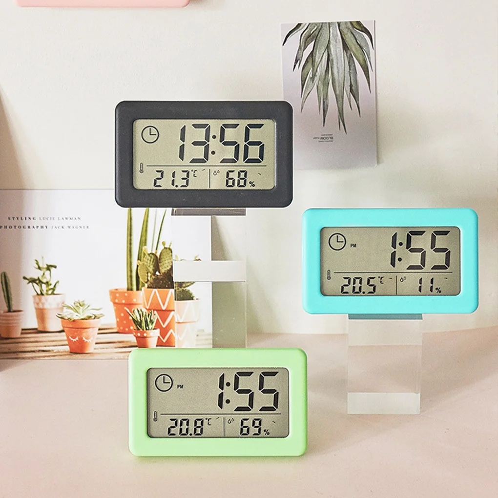 

LCD Electric Desk Alarm Clock Colored with Calendar and Digital Temperature Humidity Modern Indoor Office Watch Battery Operated