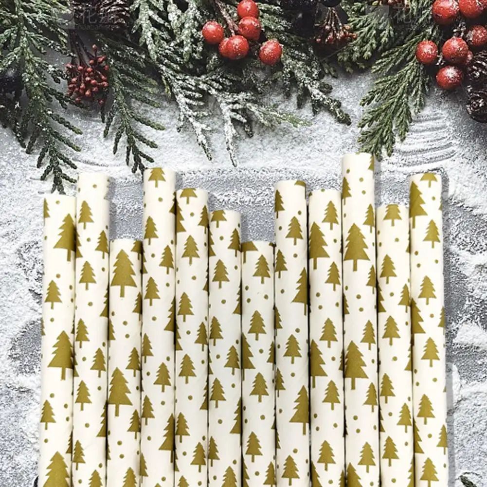 100Pcs Christmas Straws Festive Print Disposable Paper Drinking Straws Biodegradable Paper Christmas for New Year Party