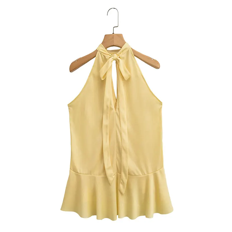 TRAFZA Woman Tierred Ruffles Halter Top Sleeveless Bow Lace-up Yellow Camisole Lady 2025 Summer Sweet Beach Style Women's Sling - view