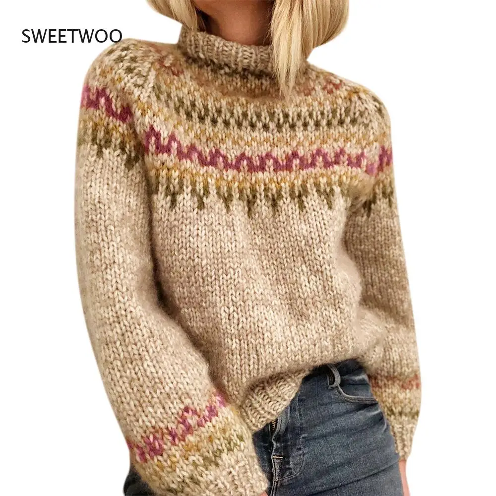 

Turtleneck Women Sweaters Vintage Long Sleeve Pullover Knitted Grey Apricot Winter Jacquard Jumper Clothes Female Boho Sweaters