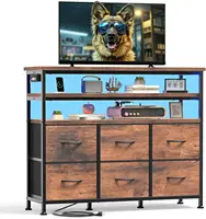 Wood TV Stand for 45-Inch TVs with LED Lights, Charging Station, 6 Drawers & Shelves for Living Room