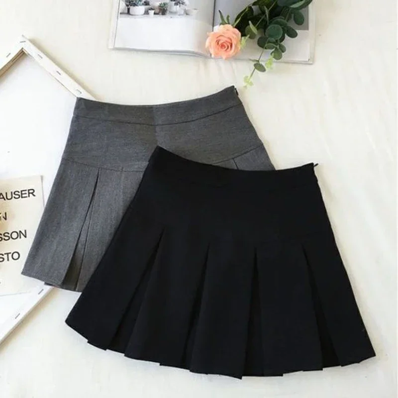 Fashion A Line Women Pleated Skirt High Waist Zipper Grey Student Mini Skirt JK Summer New Black Ladies Suit